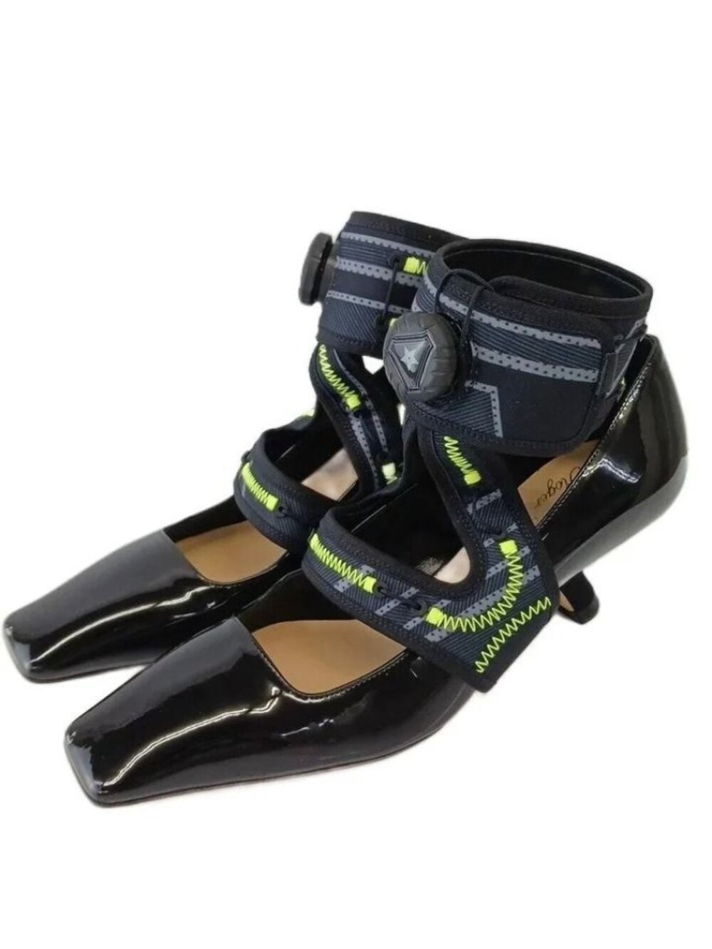 Dior Roger Vivier Pumps Patent Square Toe Ankle Strap Black Neon Yellow